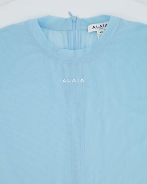 Alaia Light Blue Mesh Short-Sleeved Top with White Logo Detail Size FR 40 (UK 12)