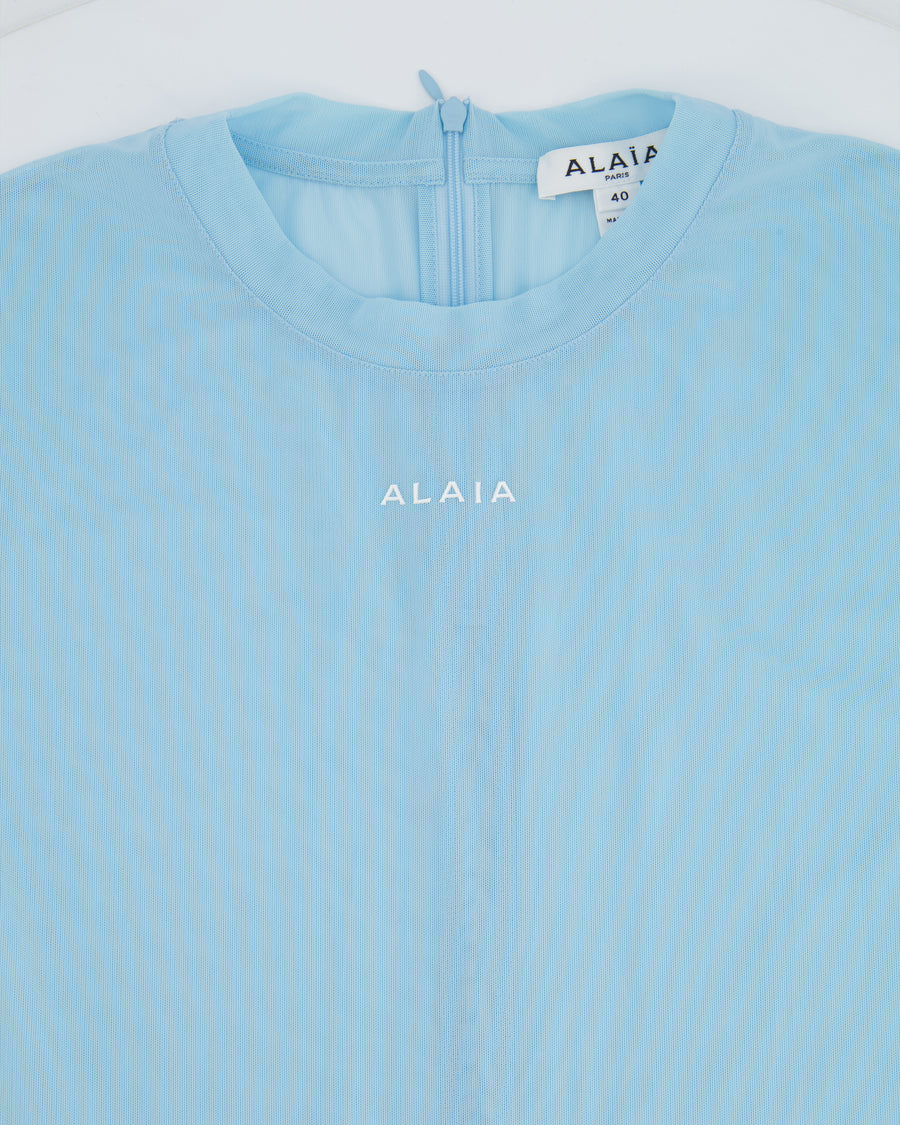 Alaia Light Blue Mesh Short-Sleeved Top with White Logo Detail Size FR 40 (UK 12)