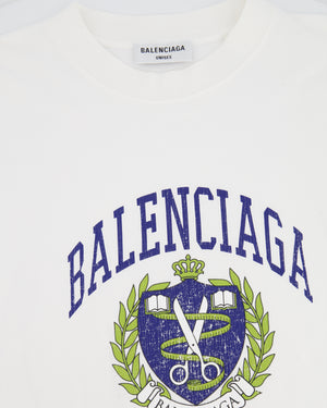 Balenciaga White T-Shirt with Navy Logo and Crest Print Size S (UK 8)