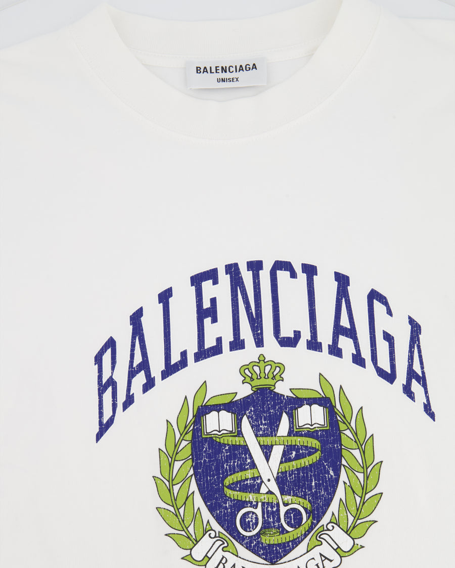 Balenciaga White T-Shirt with Navy Logo and Crest Print Size S (UK 8)