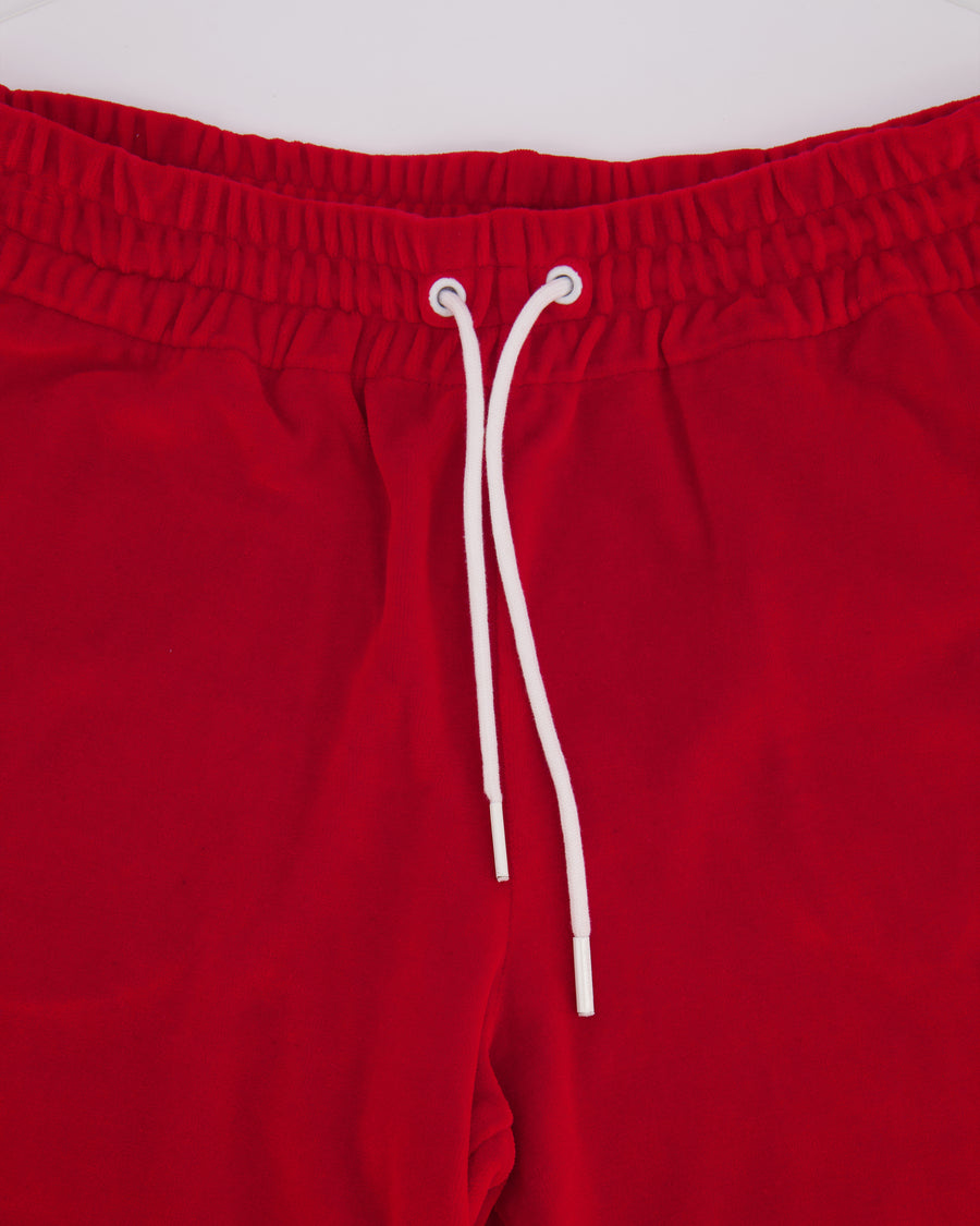 Celine Red Velours Tracksuit Trousers with White Details and Elasticated Waist with Embroidered Logo Detail Size M (UK 10)