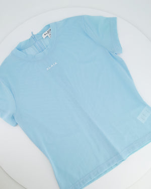 Alaia Light Blue Mesh Short-Sleeved Top with White Logo Detail Size FR 40 (UK 12)