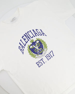 Balenciaga White T-Shirt with Navy Logo and Crest Print Size S (UK 8)