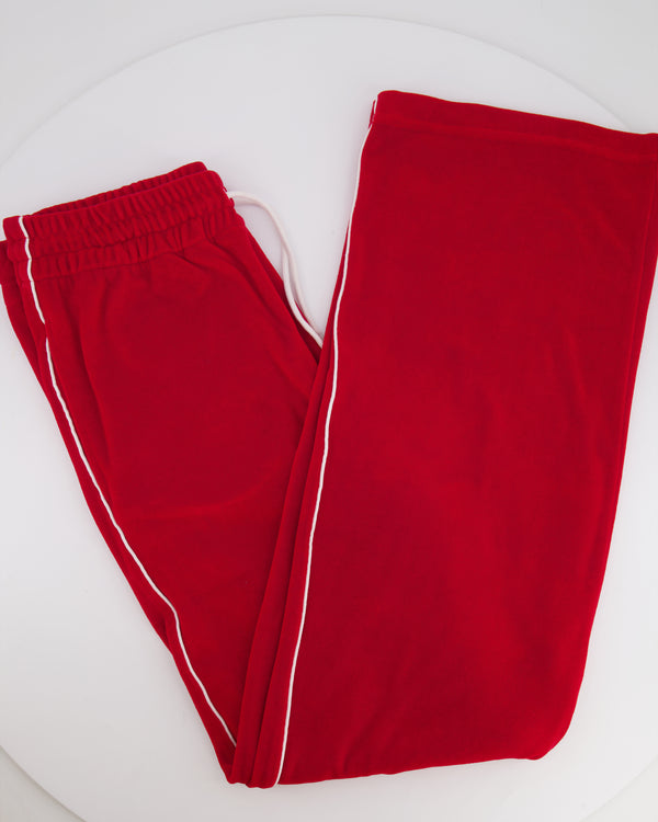Celine Red Velours Tracksuit Trousers with White Details and Elasticated Waist with Embroidered Logo Detail Size M (UK 10)