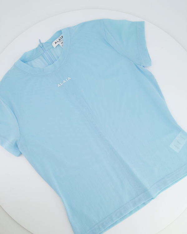 Alaia Light Blue Mesh Short-Sleeved Top with White Logo Detail Size FR 40 (UK 12)