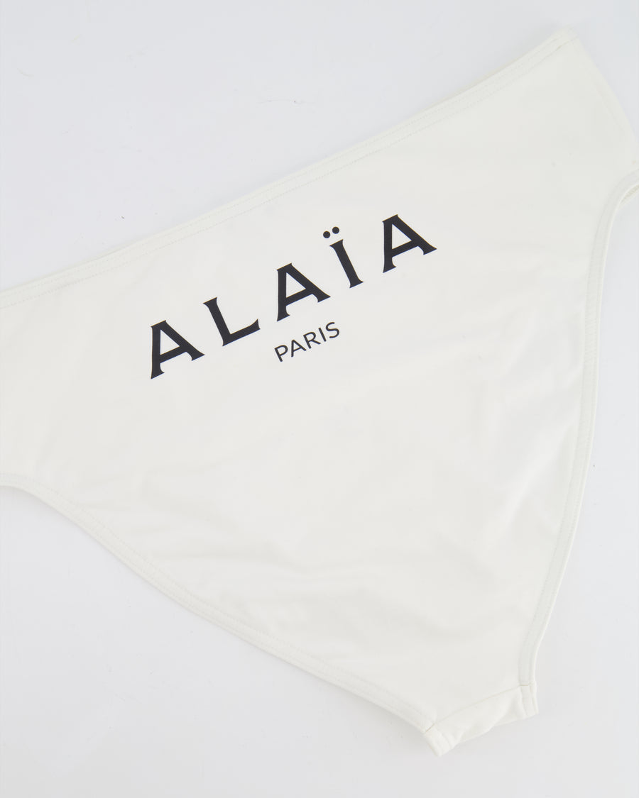Alaia White Two-Piece Bikini with Bandeau Top and Black Logo Print Size FR 38 (UK 10) RRP £650
