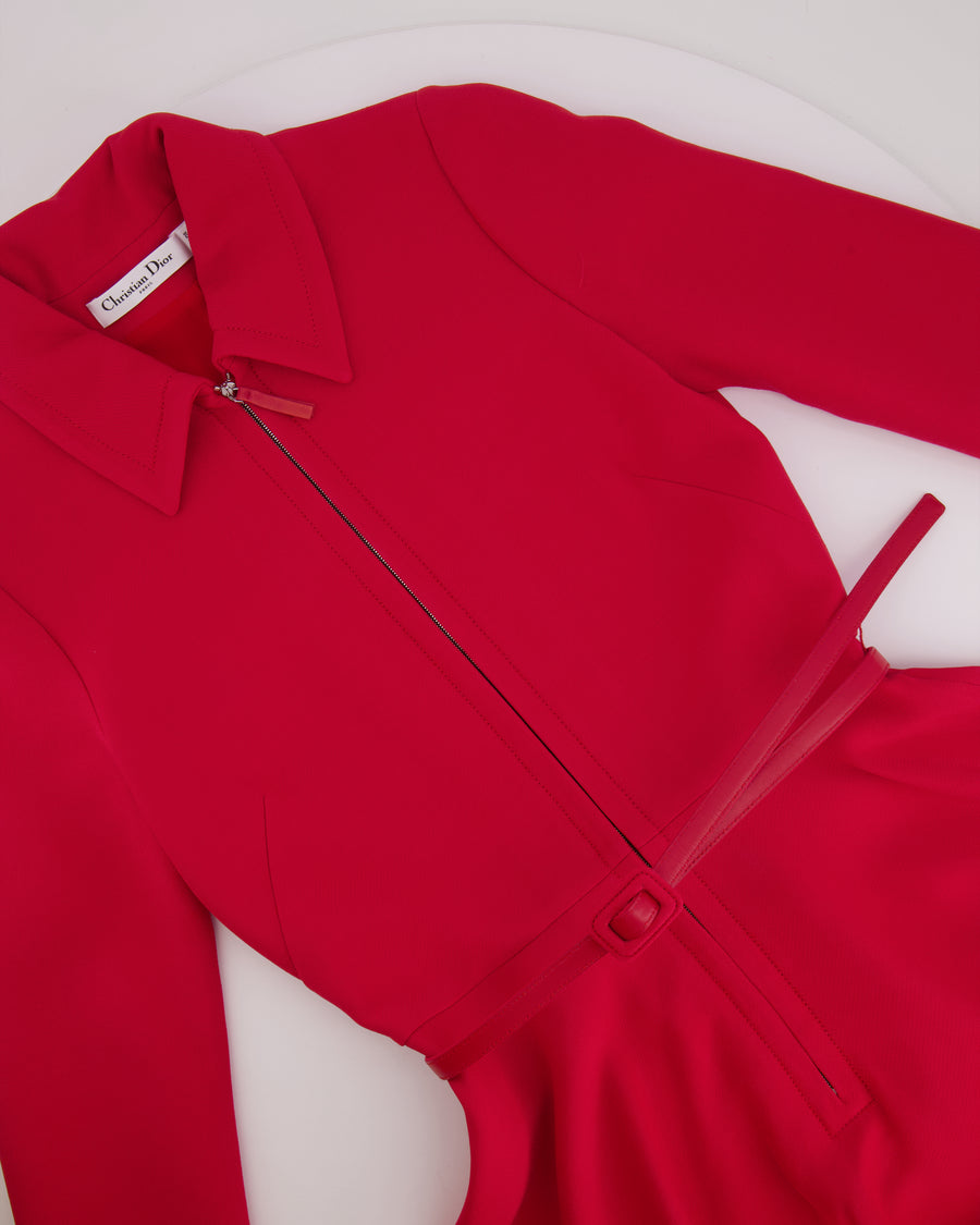 Christian Dior Red Belted Wool Mini Dress with Front Zip Detail Size FR 34 (UK 6)