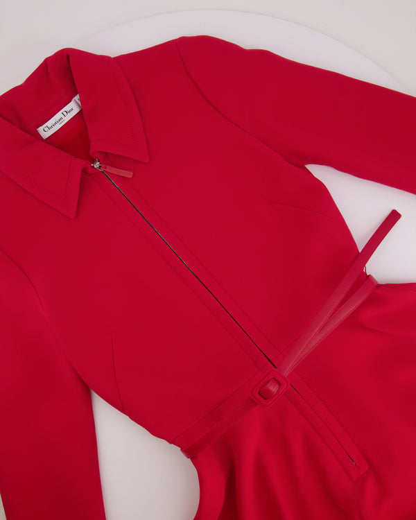 Christian Dior Red Belted Wool Mini Dress with Front Zip Detail Size FR 34 (UK 6)