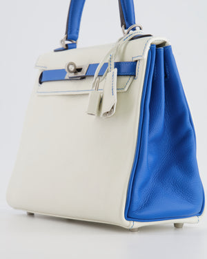 Hermès HSS Kelly 25 Retourne Bag in White and Bleu Mykonos Evercolor Leather with Contrast Stitching and Brushed Palladium Hardware