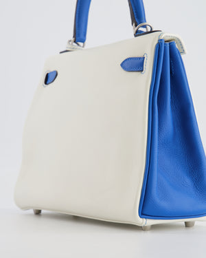Hermès HSS Kelly 25 Retourne Bag in White and Bleu Mykonos Evercolor Leather with Contrast Stitching and Brushed Palladium Hardware