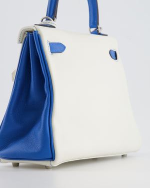 Hermès HSS Kelly 25 Retourne Bag in White and Bleu Mykonos Evercolor Leather with Contrast Stitching and Brushed Palladium Hardware