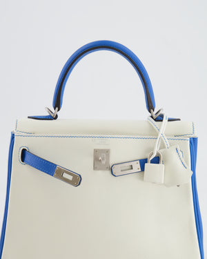 Hermès HSS Kelly 25 Retourne Bag in White and Bleu Mykonos Evercolor Leather with Contrast Stitching and Brushed Palladium Hardware