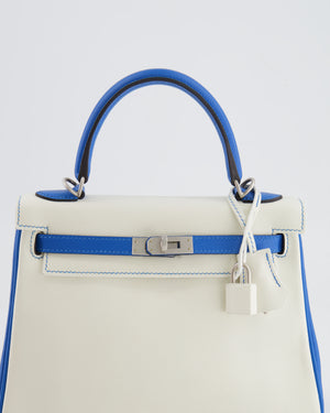 Hermès HSS Kelly 25 Retourne Bag in White and Bleu Mykonos Evercolor Leather with Contrast Stitching and Brushed Palladium Hardware