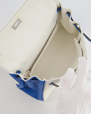 Hermès HSS Kelly 25 Retourne Bag in White and Bleu Mykonos Evercolor Leather with Contrast Stitching and Brushed Palladium Hardware