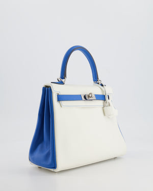Hermès HSS Kelly 25 Retourne Bag in White and Bleu Mykonos Evercolor Leather with Contrast Stitching and Brushed Palladium Hardware