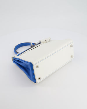 Hermès HSS Kelly 25 Retourne Bag in White and Bleu Mykonos Evercolor Leather with Contrast Stitching and Brushed Palladium Hardware