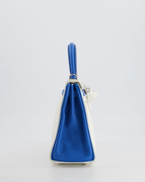 Hermès HSS Kelly 25 Retourne Bag in White and Bleu Mykonos Evercolor Leather with Contrast Stitching and Brushed Palladium Hardware