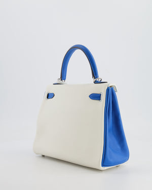 Hermès HSS Kelly 25 Retourne Bag in White and Bleu Mykonos Evercolor Leather with Contrast Stitching and Brushed Palladium Hardware