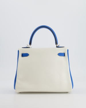 Hermès HSS Kelly 25 Retourne Bag in White and Bleu Mykonos Evercolor Leather with Contrast Stitching and Brushed Palladium Hardware