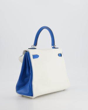 Hermès HSS Kelly 25 Retourne Bag in White and Bleu Mykonos Evercolor Leather with Contrast Stitching and Brushed Palladium Hardware