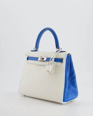 Hermès HSS Kelly 25 Retourne Bag in White and Bleu Mykonos Evercolor Leather with Contrast Stitching and Brushed Palladium Hardware