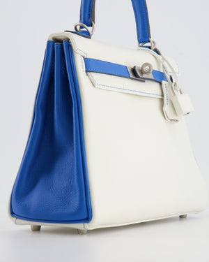 Hermès HSS Kelly 25 Retourne Bag in White and Bleu Mykonos Evercolor Leather with Contrast Stitching and Brushed Palladium Hardware