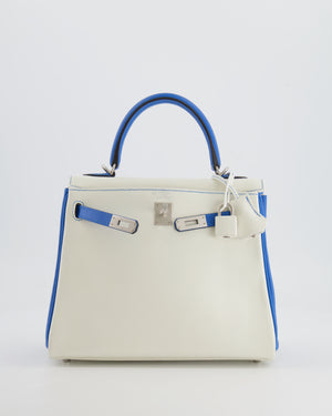 Hermès HSS Kelly 25 Retourne Bag in White and Bleu Mykonos Evercolor Leather with Contrast Stitching and Brushed Palladium Hardware