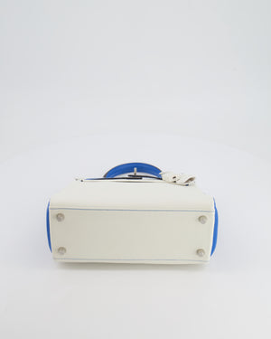 Hermès HSS Kelly 25 Retourne Bag in White and Bleu Mykonos Evercolor Leather with Contrast Stitching and Brushed Palladium Hardware