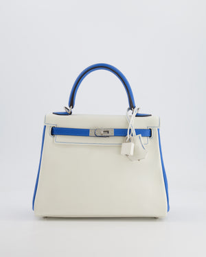 Hermès HSS Kelly 25 Retourne Bag in White and Bleu Mykonos Evercolor Leather with Contrast Stitching and Brushed Palladium Hardware
