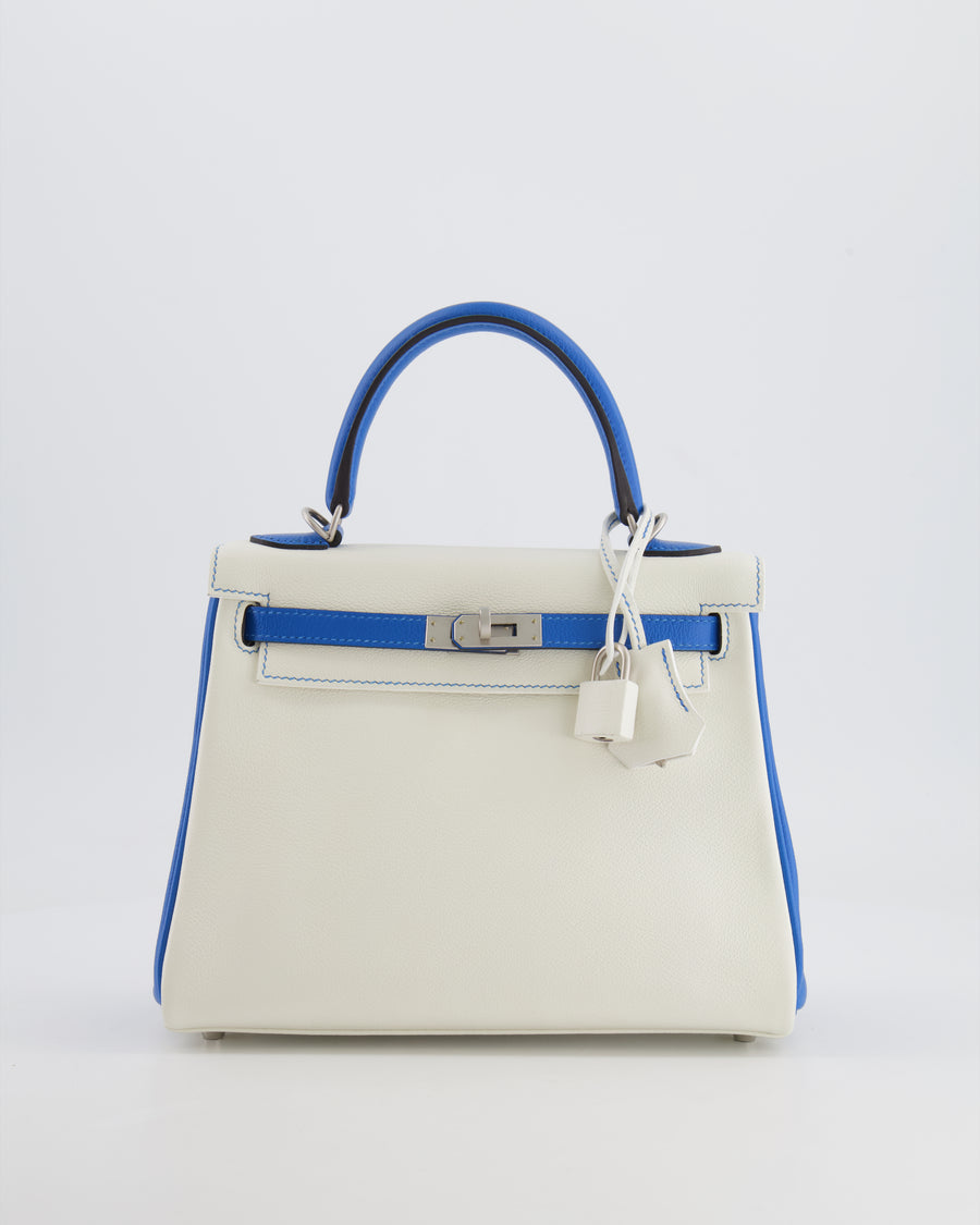 Hermès HSS Kelly 25 Retourne Bag in White and Bleu Mykonos Evercolor Leather with Contrast Stitching and Brushed Palladium Hardware