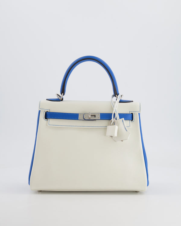 Hermès HSS Kelly 25 Retourne Bag in White and Bleu Mykonos Evercolor Leather with Contrast Stitching and Brushed Palladium Hardware