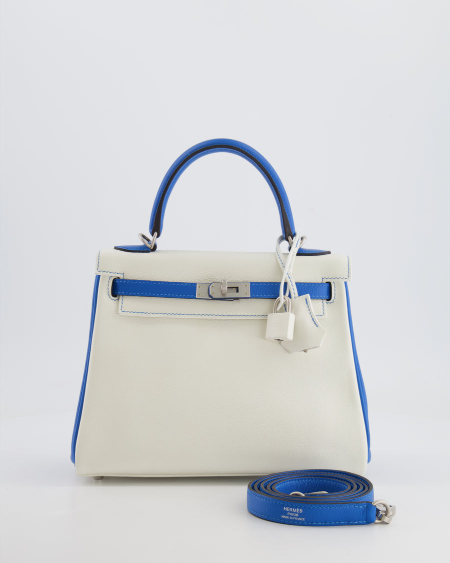 Hermès HSS Kelly 25 Retourne Bag in White and Bleu Mykonos Evercolor Leather with Contrast Stitching and Brushed Palladium Hardware