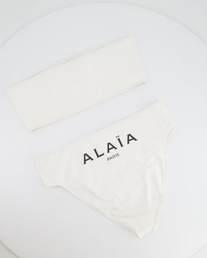 Alaia White Two-Piece Bikini with Bandeau Top and Black Logo Print Size FR 38 (UK 10) RRP £650