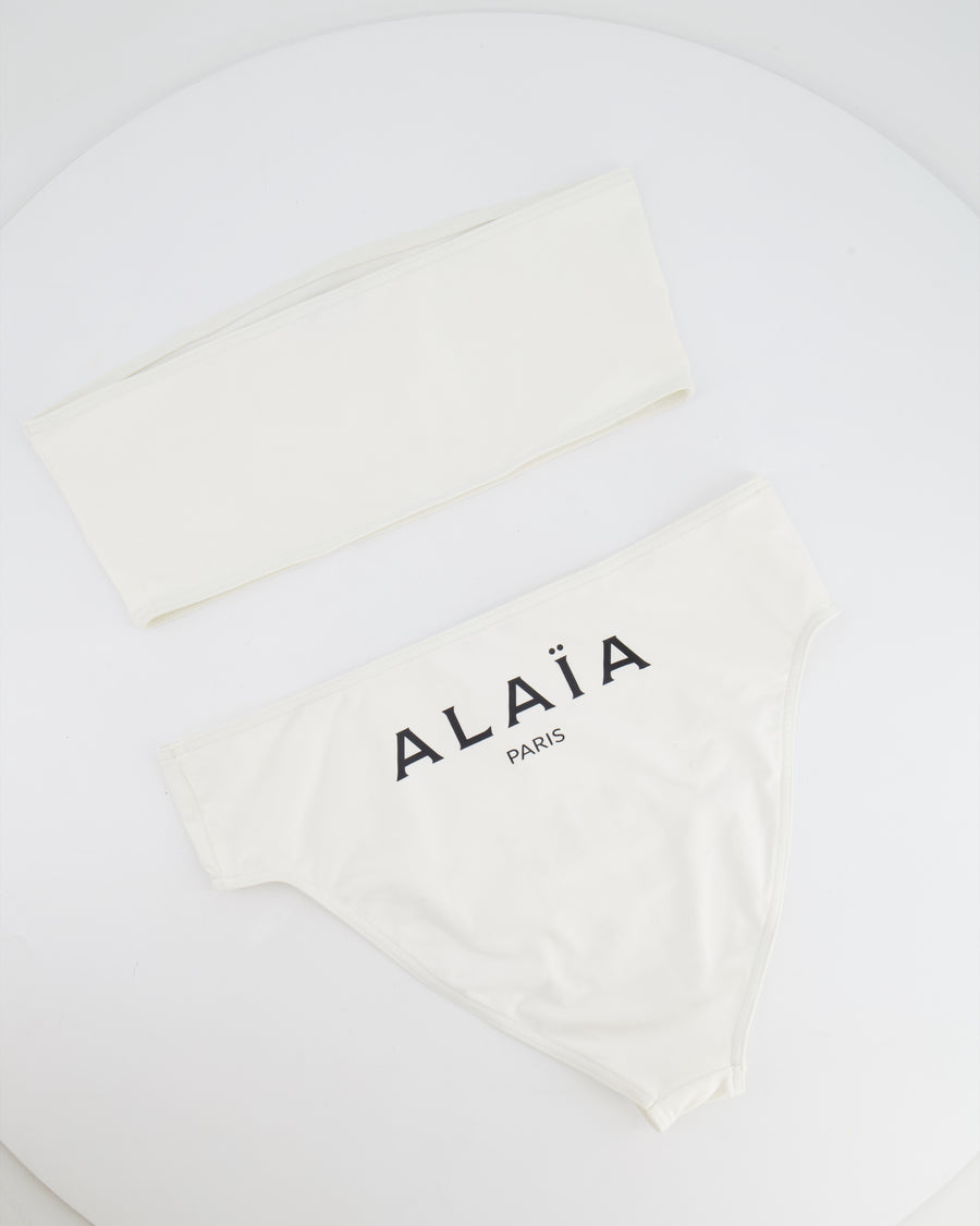 Alaia White Two-Piece Bikini with Bandeau Top and Black Logo Print Size FR 38 (UK 10) RRP £650