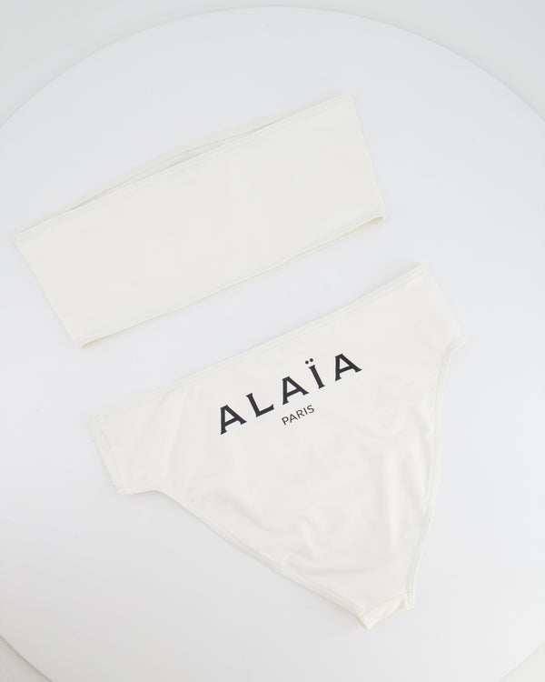 Alaia White Two-Piece Bikini with Bandeau Top and Black Logo Print Size FR 38 (UK 10) RRP £650