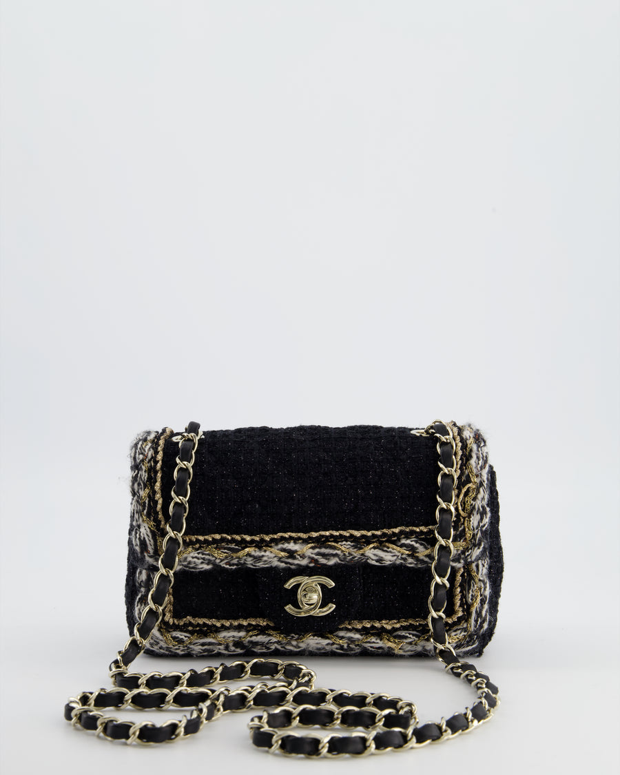 Chanel Fall-Winter 25/26  Mini Rectangular Flap Bag in Black Tweed with Gold Trim and Champagne Gold Hardware