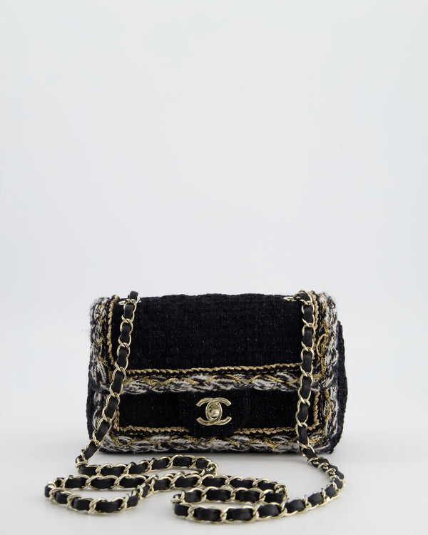 Chanel Fall-Winter 25/26  Mini Rectangular Flap Bag in Black Tweed with Gold Trim and Champagne Gold Hardware