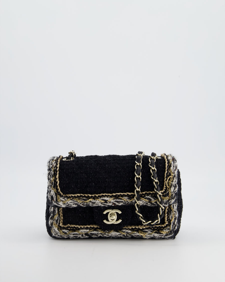 Chanel Fall-Winter 25/26  Mini Rectangular Flap Bag in Black Tweed with Gold Trim and Champagne Gold Hardware