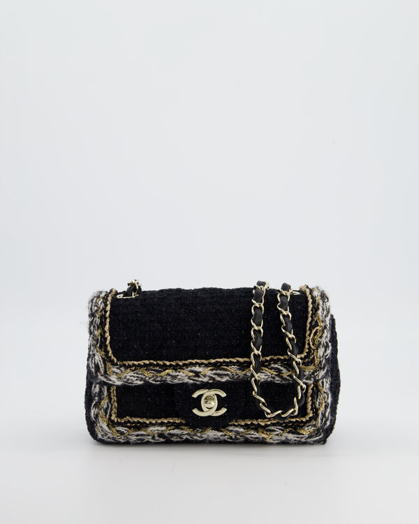 Chanel Fall-Winter 25/26  Mini Rectangular Flap Bag in Black Tweed with Gold Trim and Champagne Gold Hardware
