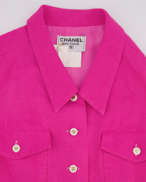 Chanel 95P Vintage Barbie Pink Linen Mini Dress and Cropped Jacket Set with Gold CC Logo Buttons Size FR 38 (UK 10)