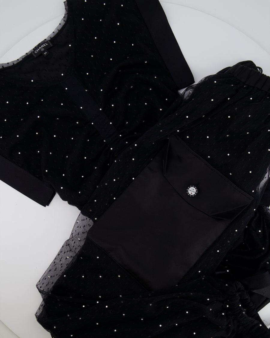 Chanel La Pausa Cruise 2019 Black Tulle Polka Dot Top and Trousers Set with Crystals and Satin Details Size FR 34 (UK 6)
