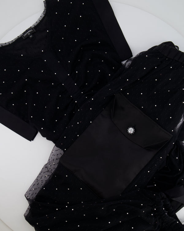 Chanel La Pausa Cruise 2019 Black Tulle Polka Dot Top and Trousers Set with Crystals and Satin Details Size FR 34 (UK 6)