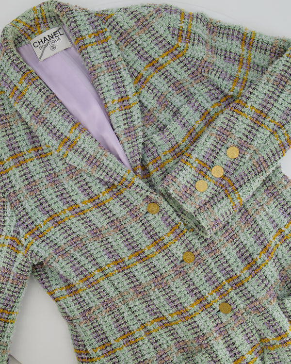 Chanel Vintage Green, Orange and Purple Tweed Jacket with Brushed Gold CC Logo Buttons Size FR 38 (UK 10)