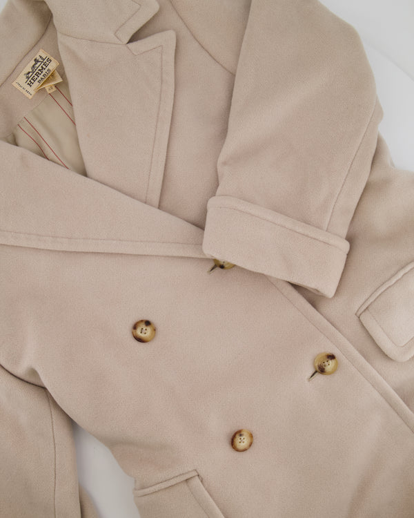 Hermès Vintage Beige Cashmere Double-Breasted Coat with Tortoiseshell Logo Buttons Size FR 40 (UK 12)