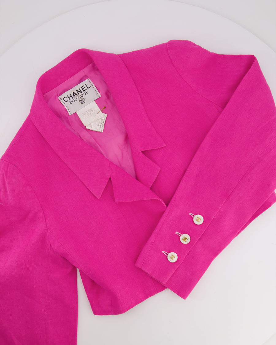 Chanel 95P Vintage Barbie Pink Linen Mini Dress and Cropped Jacket Set with Gold CC Logo Buttons Size FR 38 (UK 10)