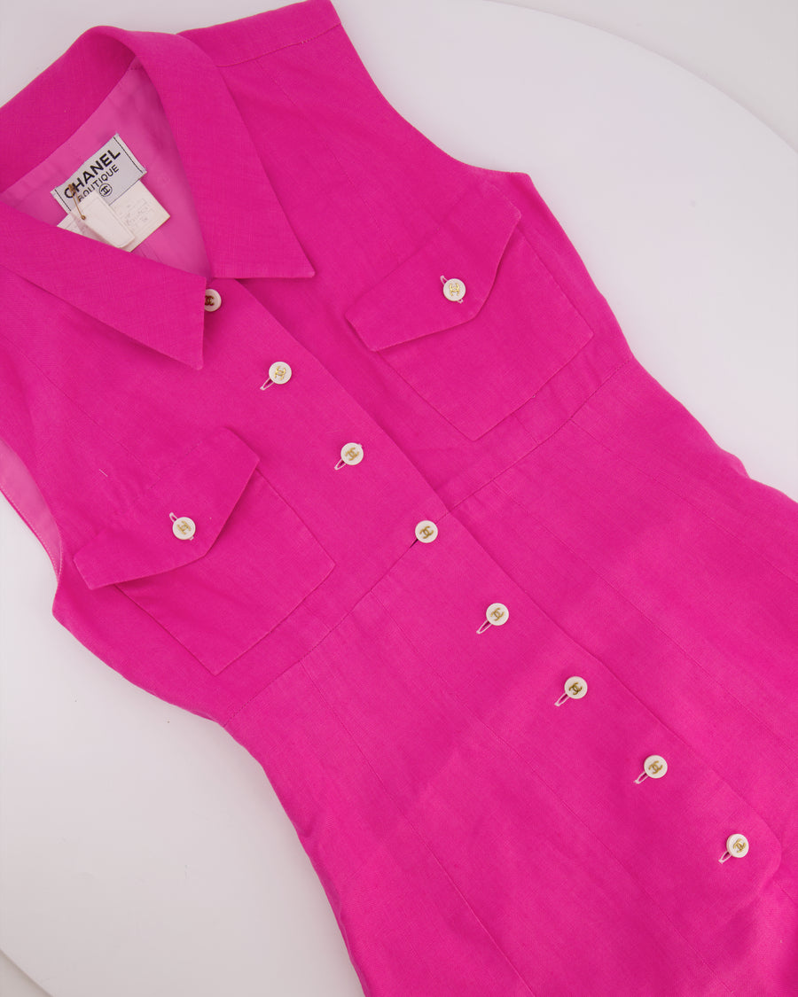 Chanel 95P Vintage Barbie Pink Linen Mini Dress and Cropped Jacket Set with Gold CC Logo Buttons Size FR 38 (UK 10)