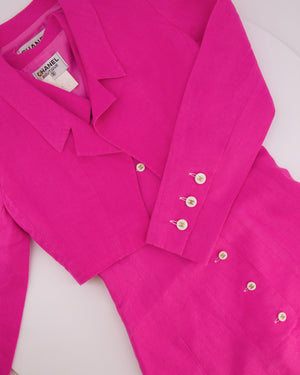 Chanel 95P Vintage Barbie Pink Linen Mini Dress and Cropped Jacket Set with Gold CC Logo Buttons Size FR 38 (UK 10)