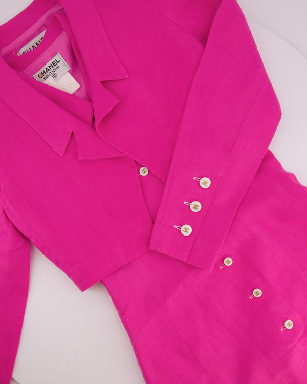 Chanel 95P Vintage Barbie Pink Linen Mini Dress and Cropped Jacket Set with Gold CC Logo Buttons Size FR 38 (UK 10)