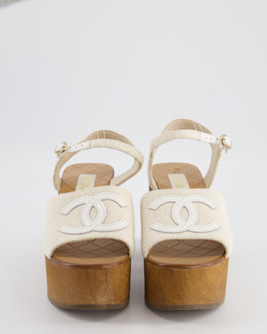 Chanel Cream and Brown Canvas Platform CC Wedge Sandals with Patent Logo Detail Size EU 38C