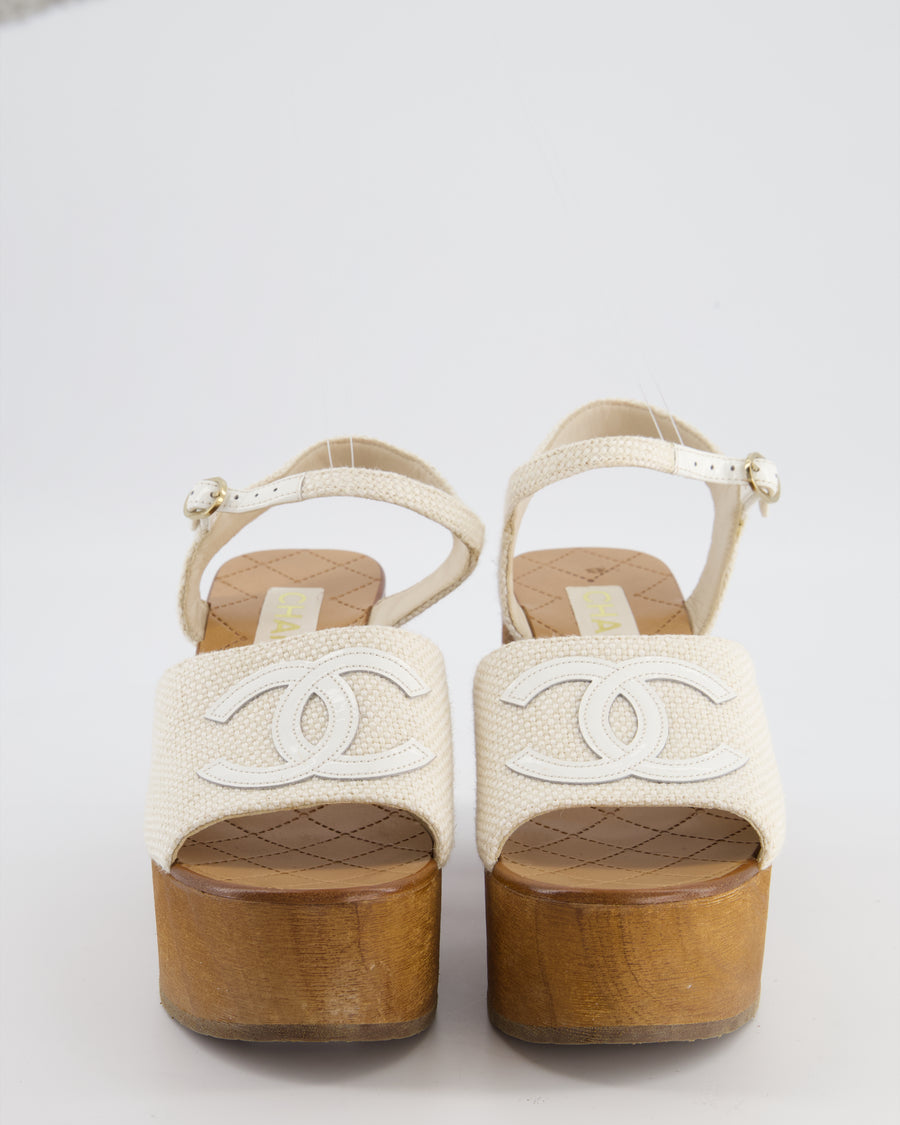 Chanel Cream and Brown Canvas Platform CC Wedge Sandals with Patent Logo Detail Size EU 38C